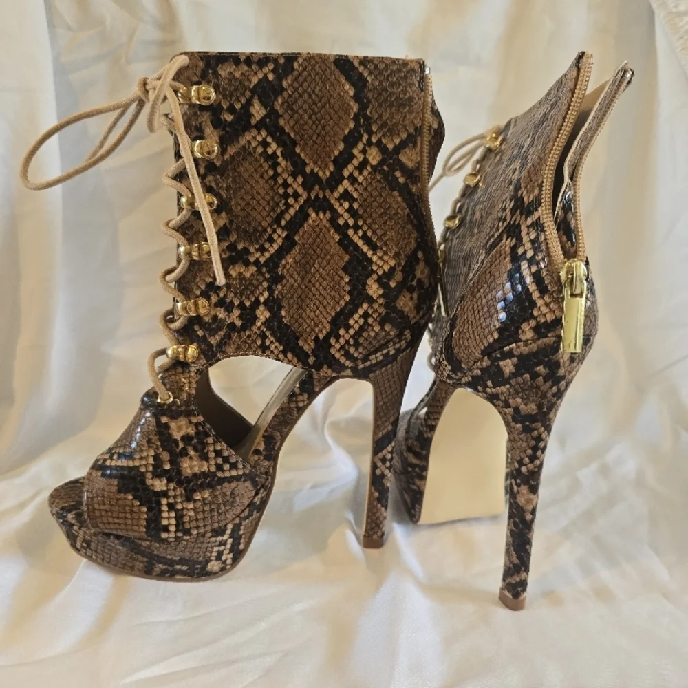 Brown and Black High Heel Ankle Boots with Peep-Toe - Picture 3 of 5